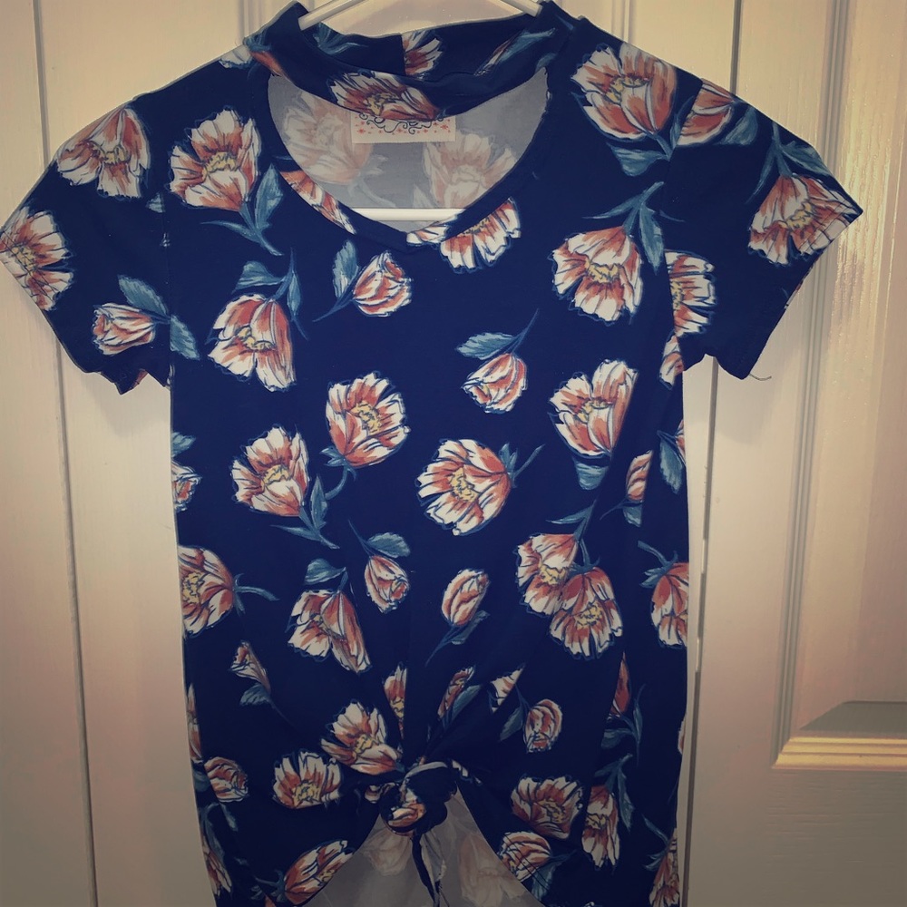 Dark blue floral cotton blouse